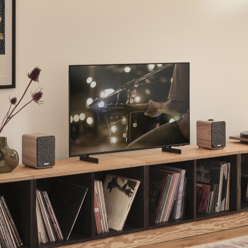 Ruark MR1 Mk3 in Rich Walnut veneer finish, shown with television