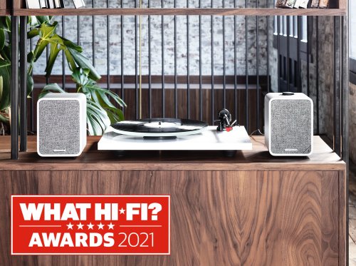 Ruark MR1 shown with turntable