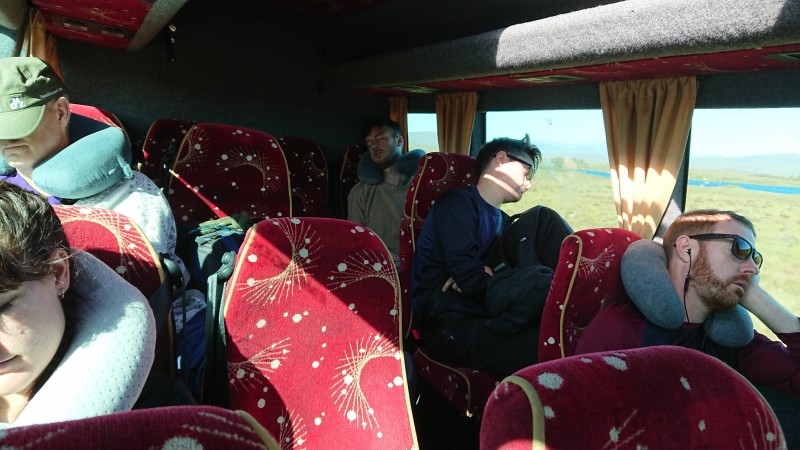 The team fast asleep in the van