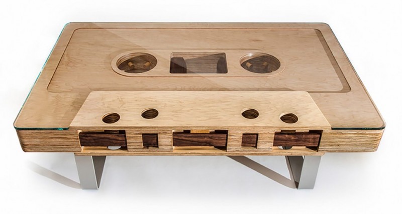 a handcrafted wooden mixtape table