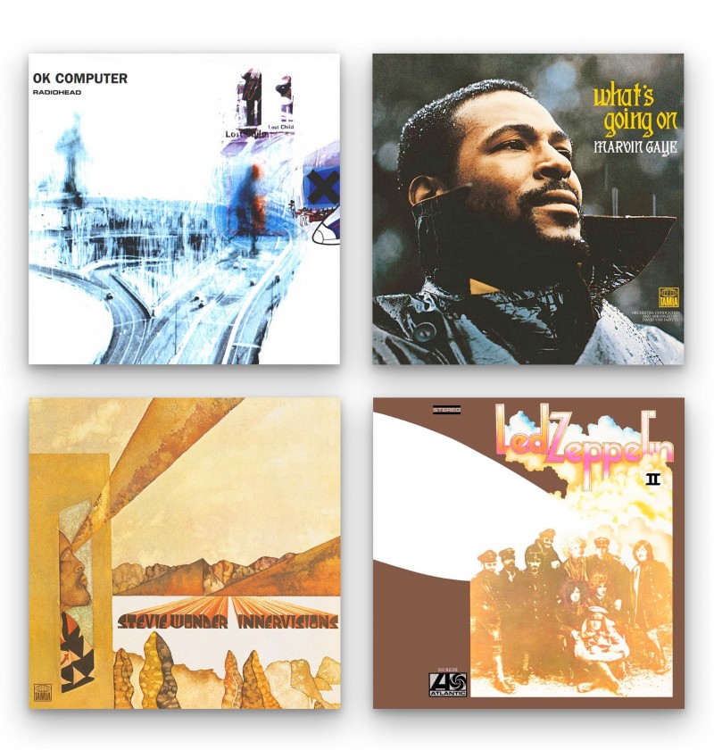 Record covers of Radiohead’s OK Computer, Marvin Gaye’s What’s Going On, Stevie Wonder’s Innervisions and Led Zeppelin II